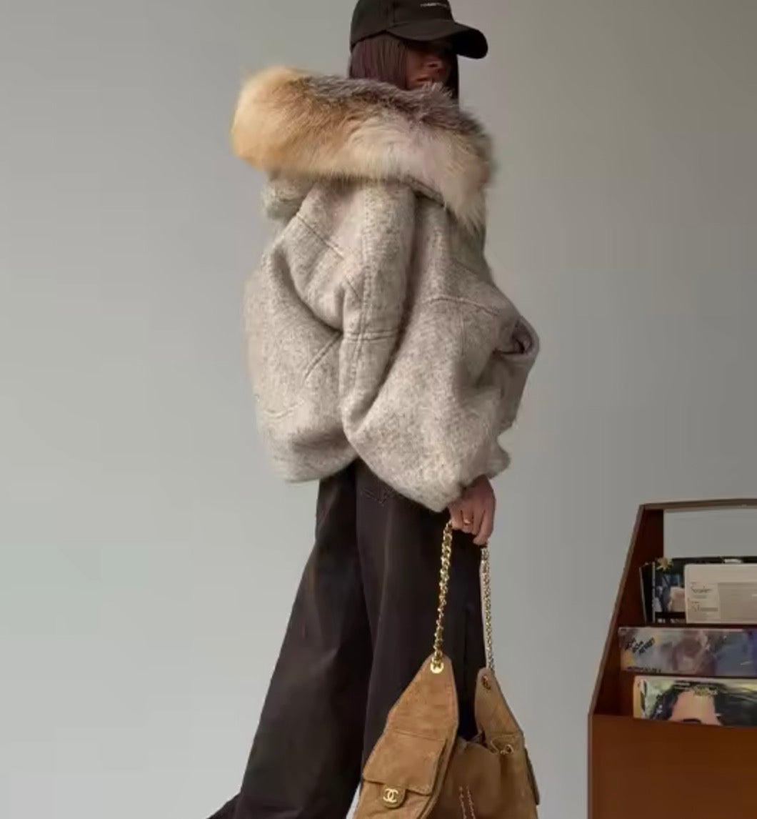 Parka corto in lana con maxi collo ecopelliccia - Kagrika