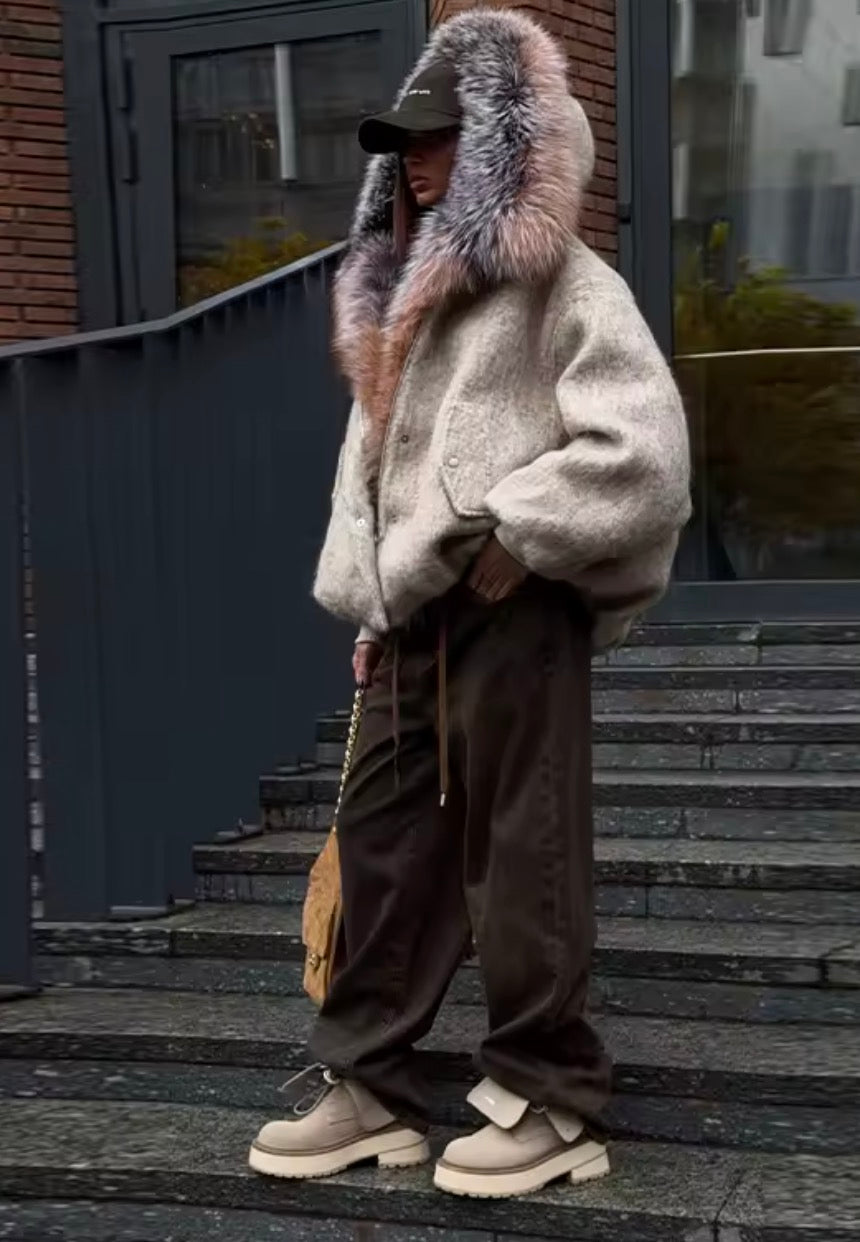 Parka corto in lana con maxi collo ecopelliccia - Kagrika