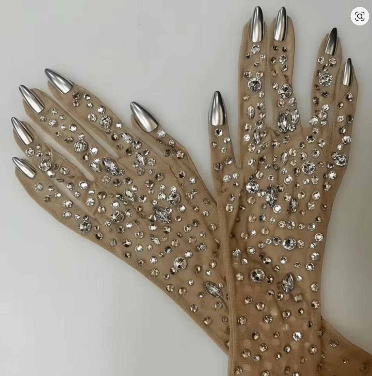 Guanti Lunghi Tulle Invisibile con Cristalli Luminosi e Unghie Gioiello