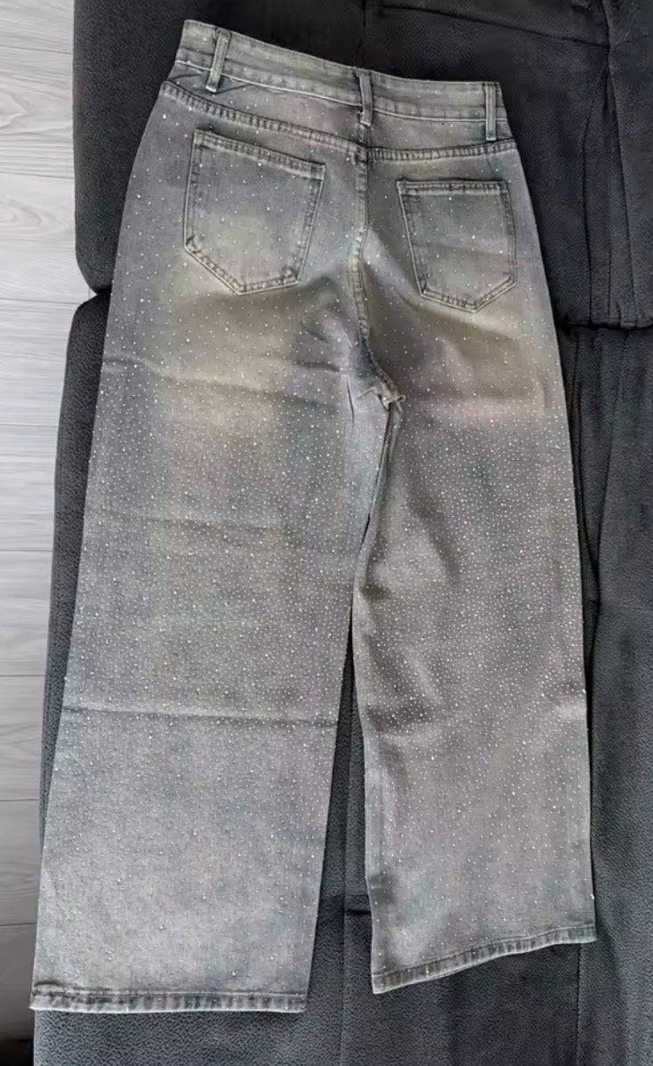 Jeans Donna Baggy a Gamba Larga con Cristalli e Lavaggio Sfumato