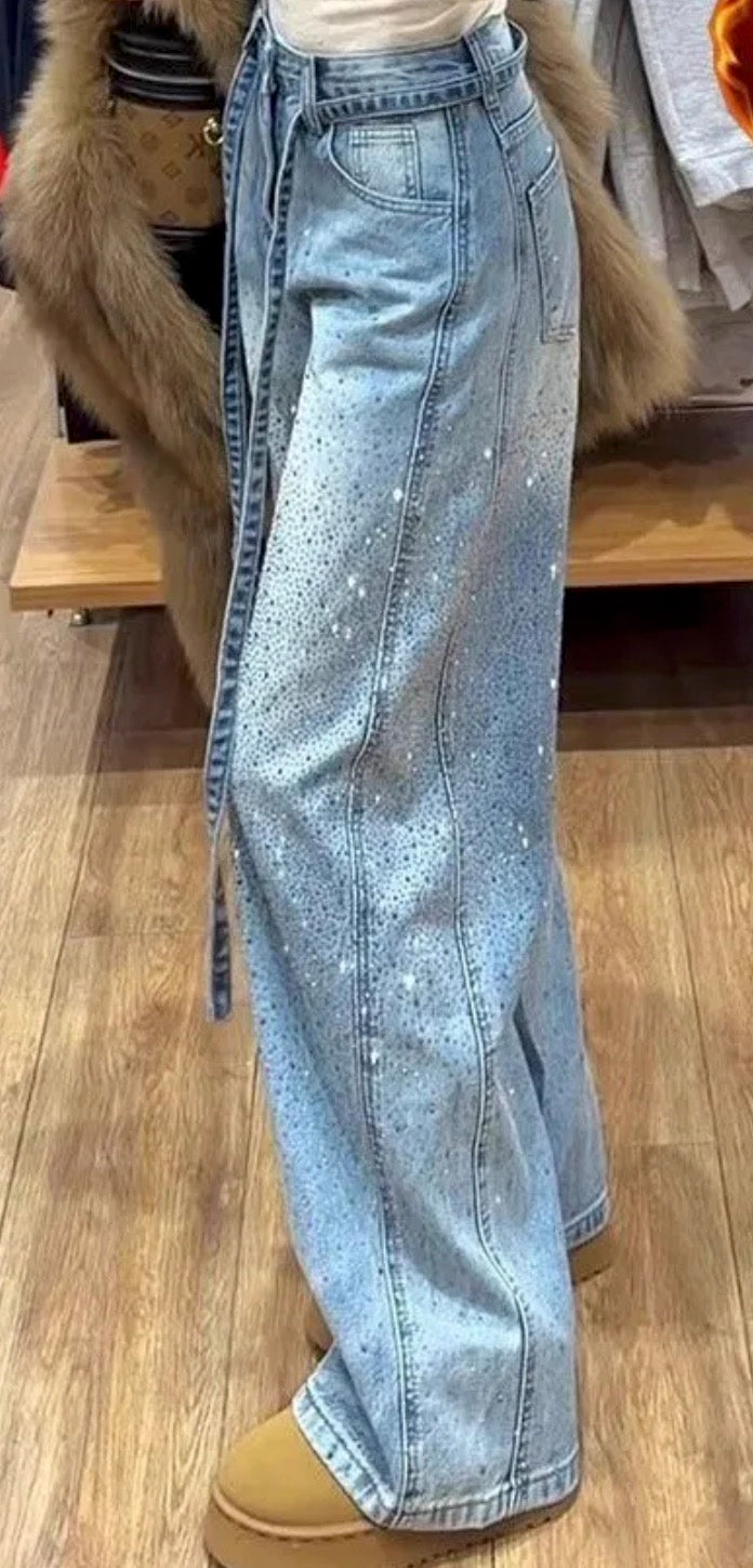 Jeans Baggy Donna Constellations a Gamba Larga con Strass All-Over