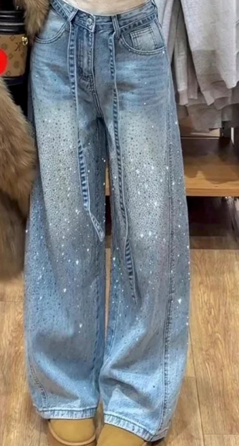 Jeans Baggy Donna Constellations a Gamba Larga con Strass All-Over