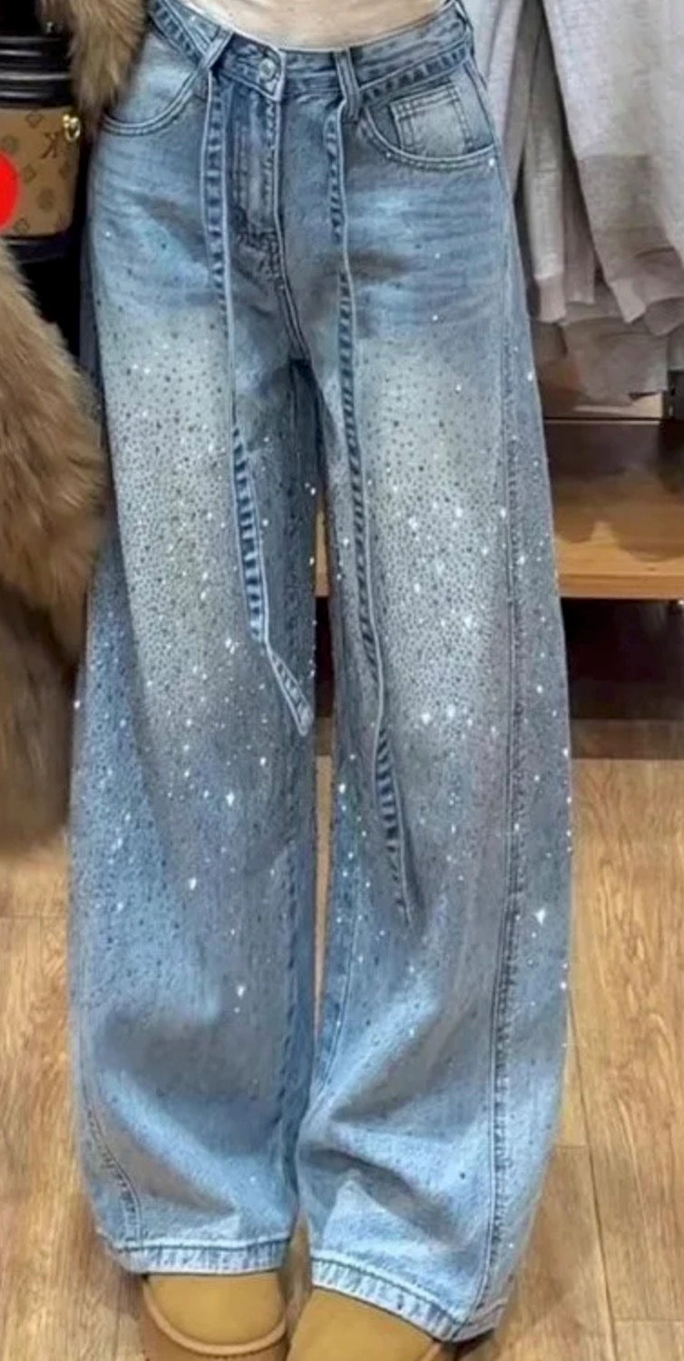 Jeans Baggy Donna Constellations a Gamba Larga con Strass All-Over