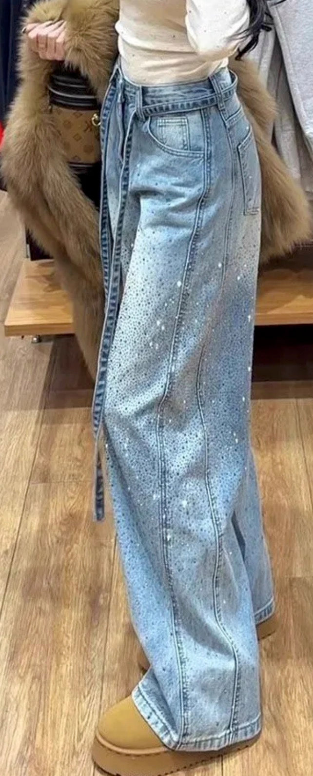 Jeans Baggy Donna Constellations a Gamba Larga con Strass All-Over
