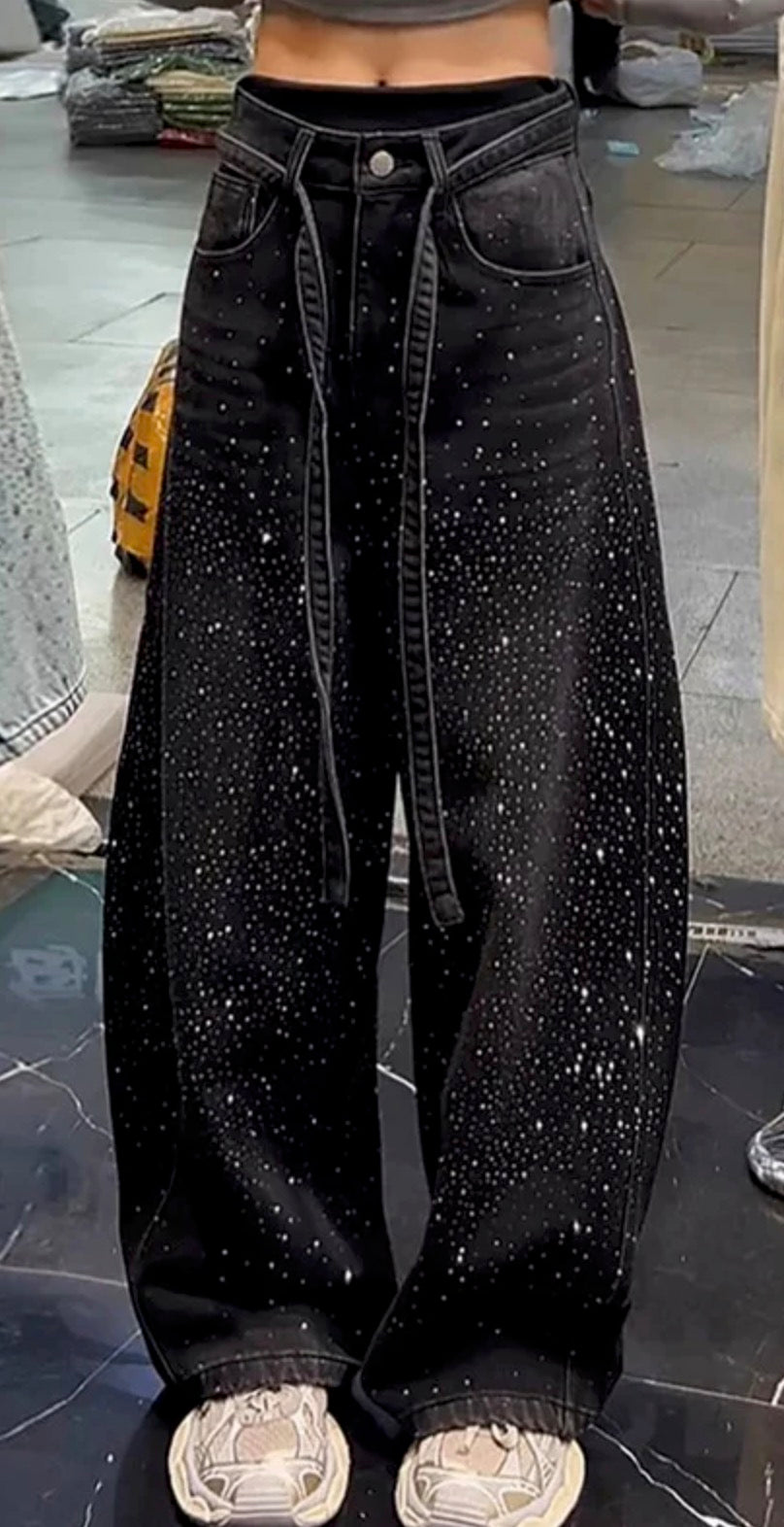 Jeans Baggy Donna Constellations a Gamba Larga con Strass All-Over