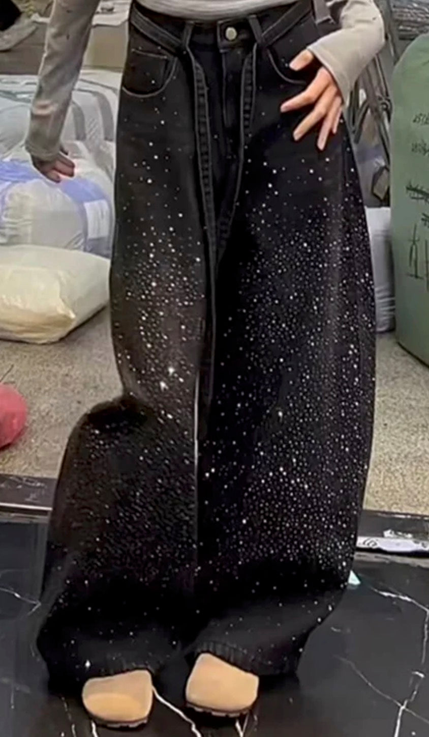 Jeans Baggy Donna Constellations a Gamba Larga con Strass All-Over