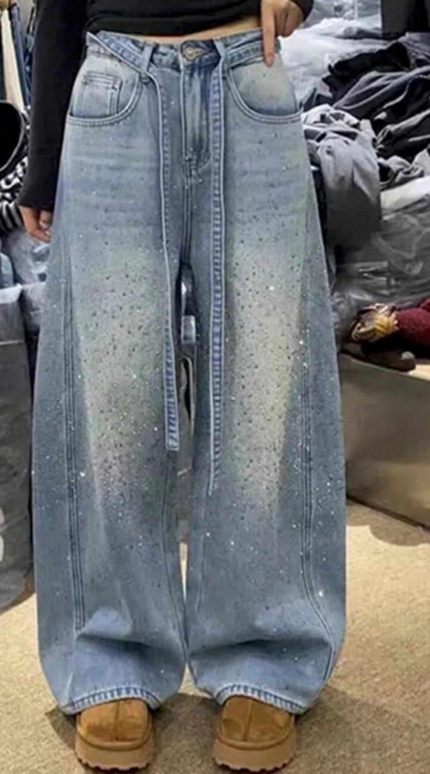 Jeans Baggy Donna Constellations a Gamba Larga con Strass All-Over