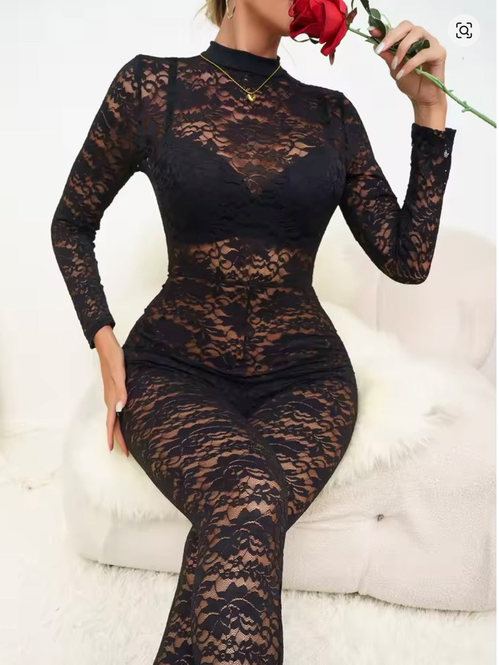 Catsuit Pizzo Ladyh con manica lunga, colletto alto e guantini Pizzo