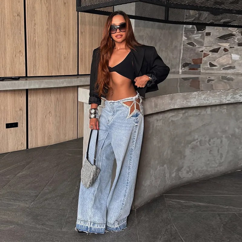 Jeans stella strass denim azzurro look con giacca nera | Dream Shop