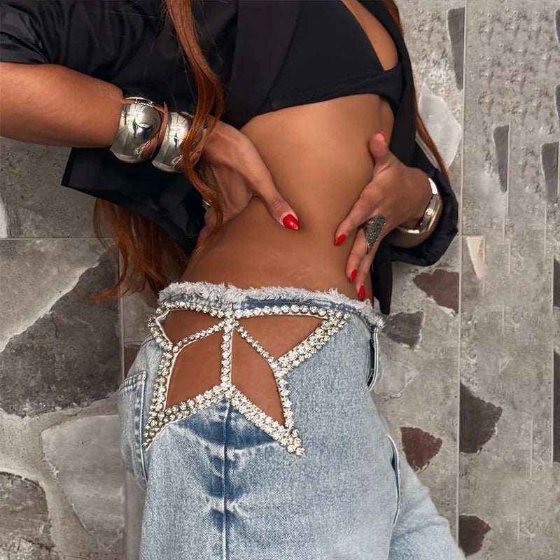 Jeans stella strass dettaglio stella di cristalli sul fianco | Dream Shop