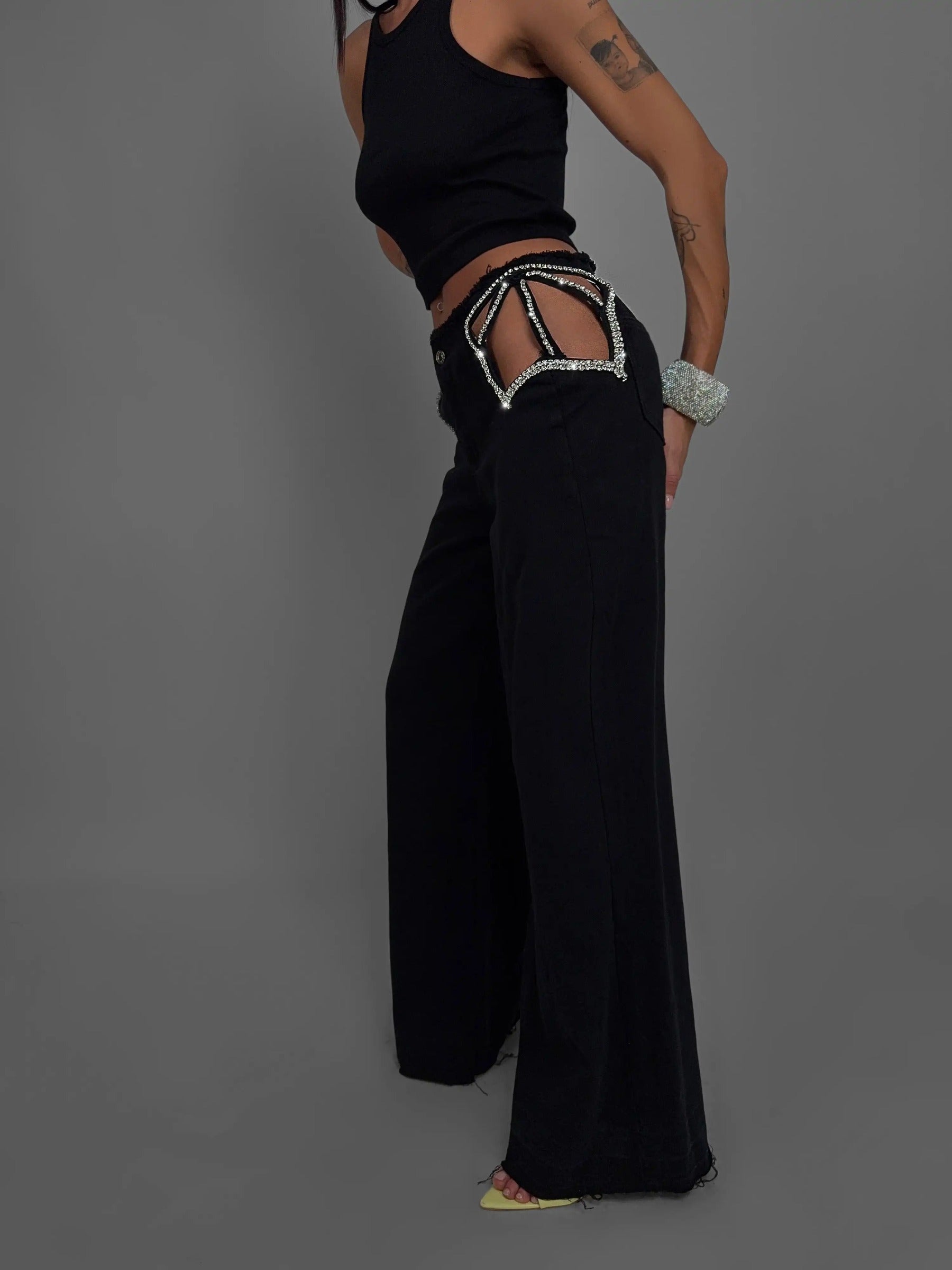 Jeans stella strass neri a figura intera gamba larga | Dream Shop