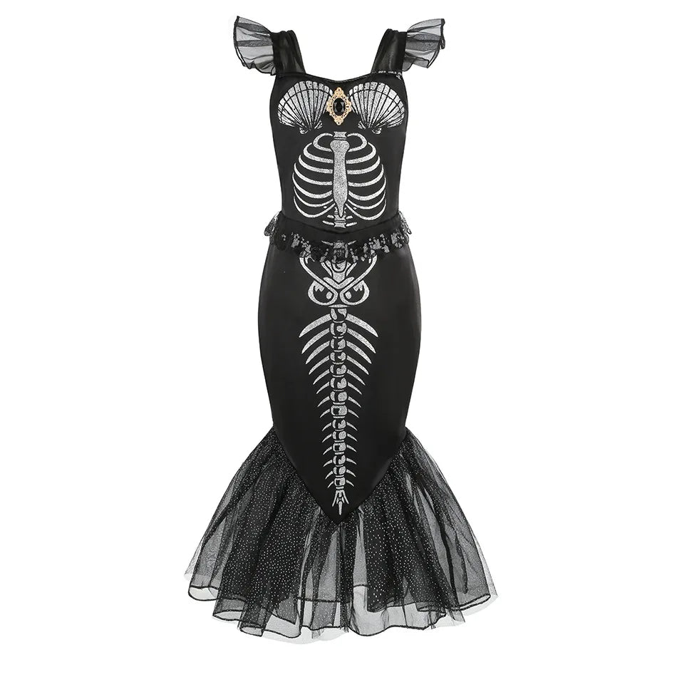 Costume sirena scheletro bambina
Abito a coda nero Halloween