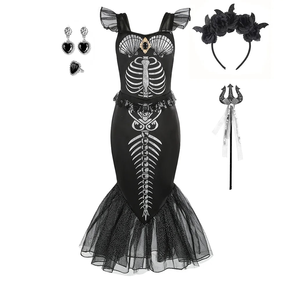 Costume sirena scheletro bambina
Abito a coda nero Halloween