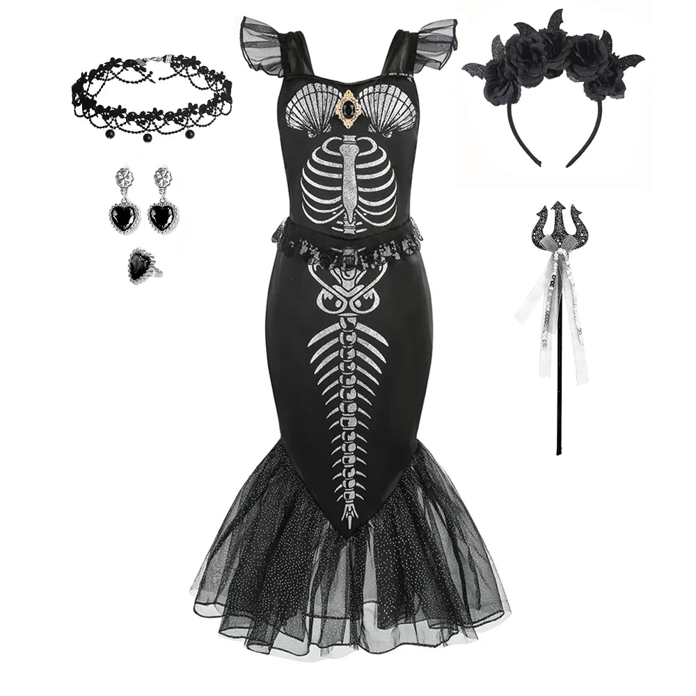 Costume sirena scheletro bambina
Abito a coda nero Halloween