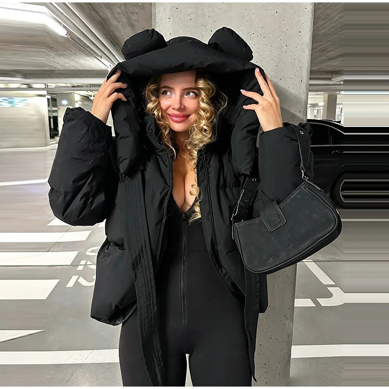 Piumino orecchie Savebla nero con cappuccio alzato — Dream Shop