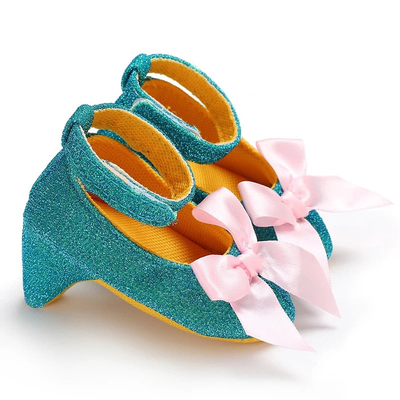Scarpine neonata tacco verde petrolio con fiocco rosa | Dream Shop