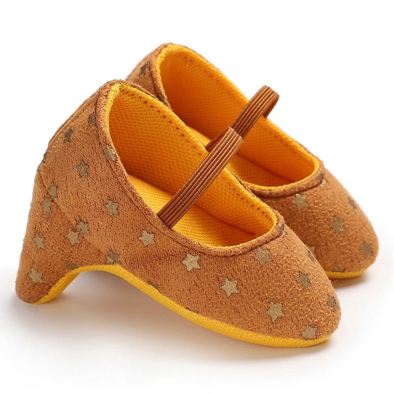 Scarpine neonata tacco cammello con stelline e cinturino | Dream Shop