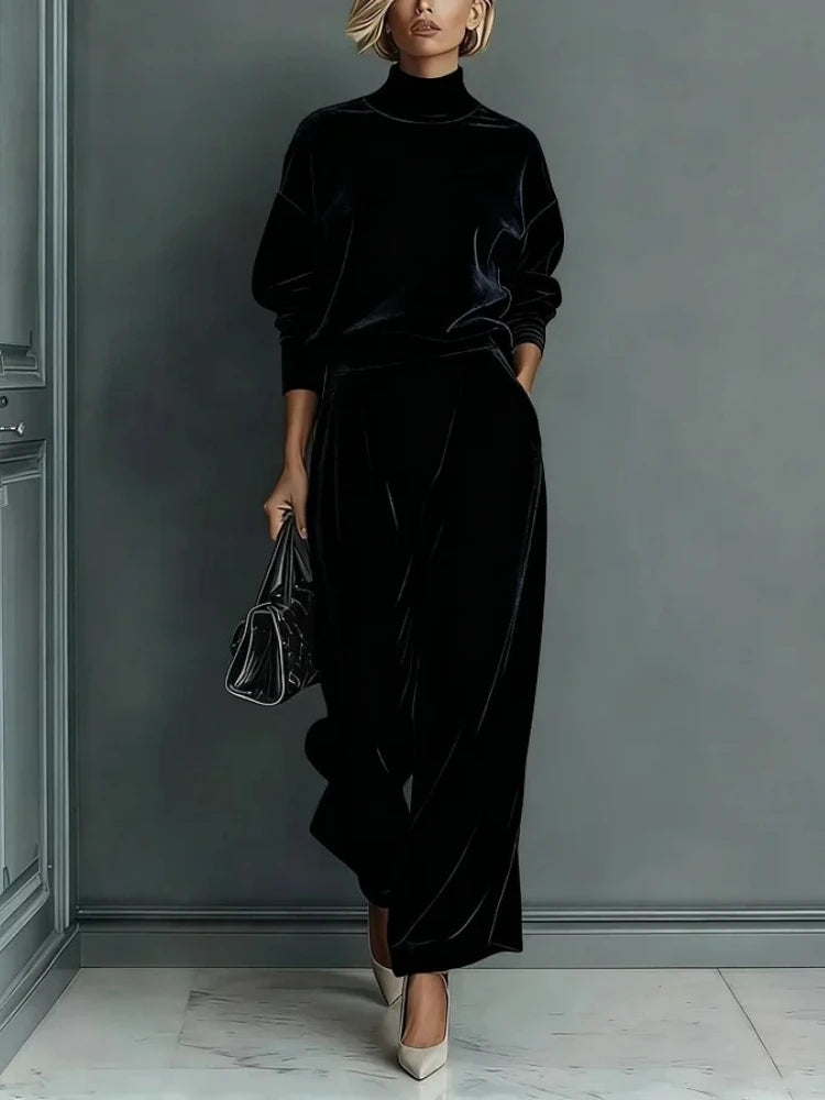 Tuta special velvet nero collo alto pantalone largo | Dream Shop