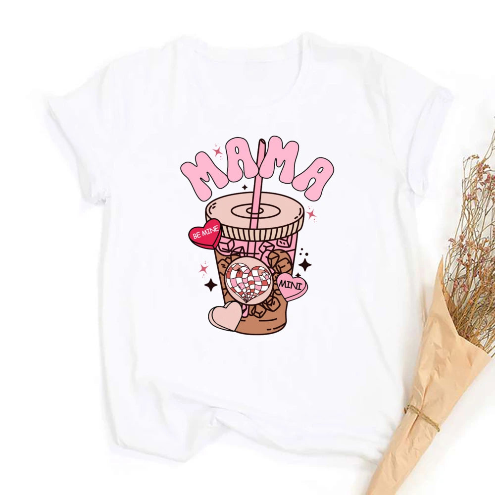 T-shirt mamma Mama — stampa juice caffè rosa | Dream Shop