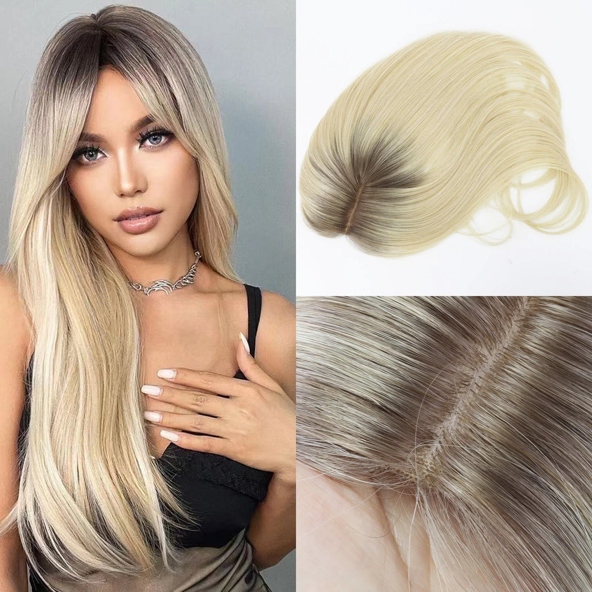 Long balayage human hair topper worn by model shadow root effect | Dream Shop