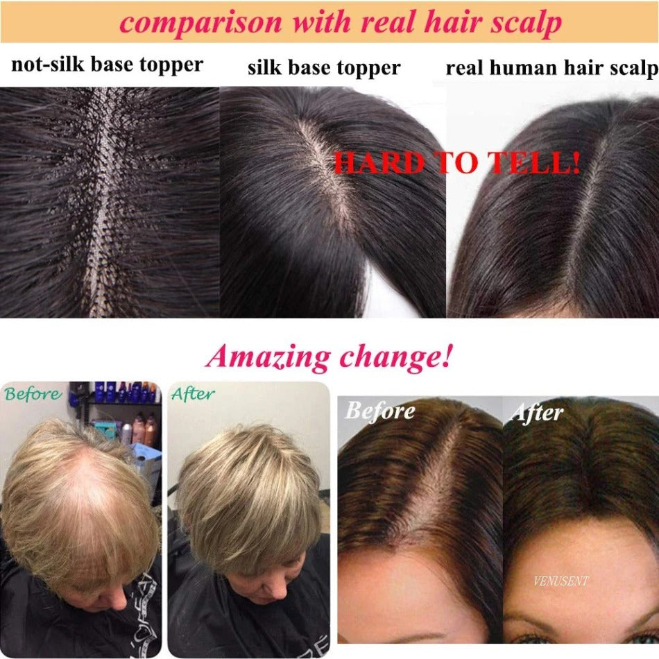 Topper cheveux naturels longs ondulés comparaison base en soie | Dream Shop