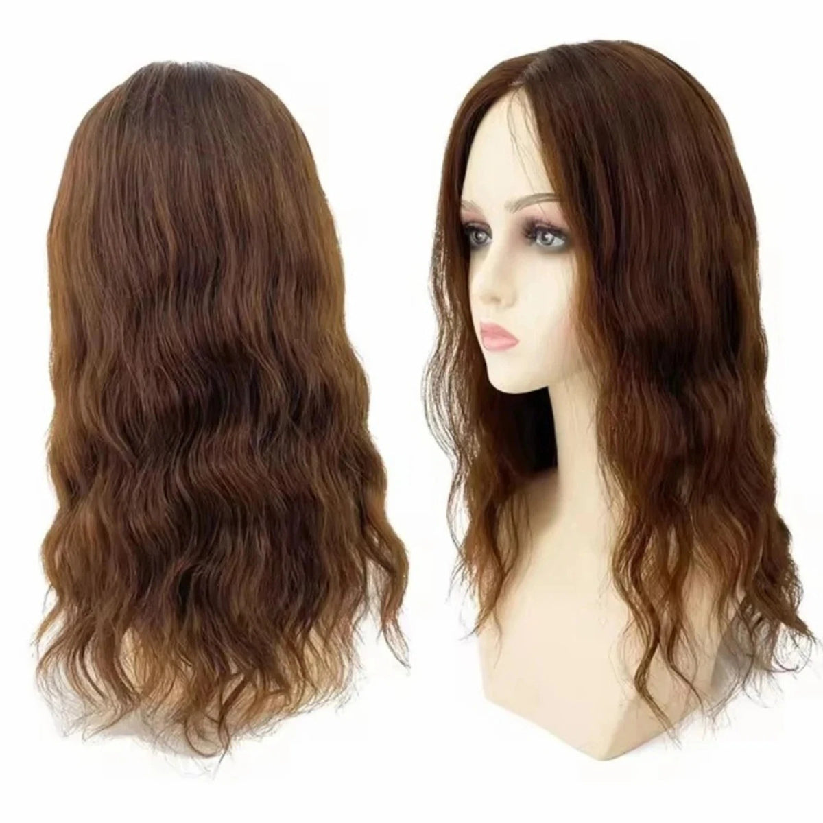 Topper cheveux naturels longs ondulés ondulé châtain sur mannequin | Dream Shop