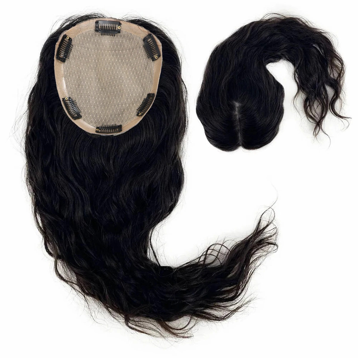 Topper cheveux naturels longs ondulés base avec clips vue de dessus | Dream Shop