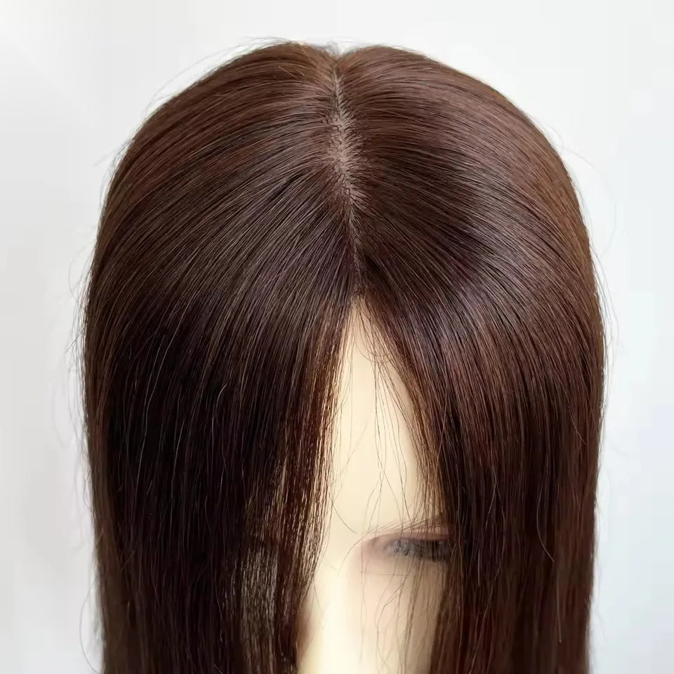 Topper cheveux naturels longs ondulés raie naturelle châtain | Dream Shop