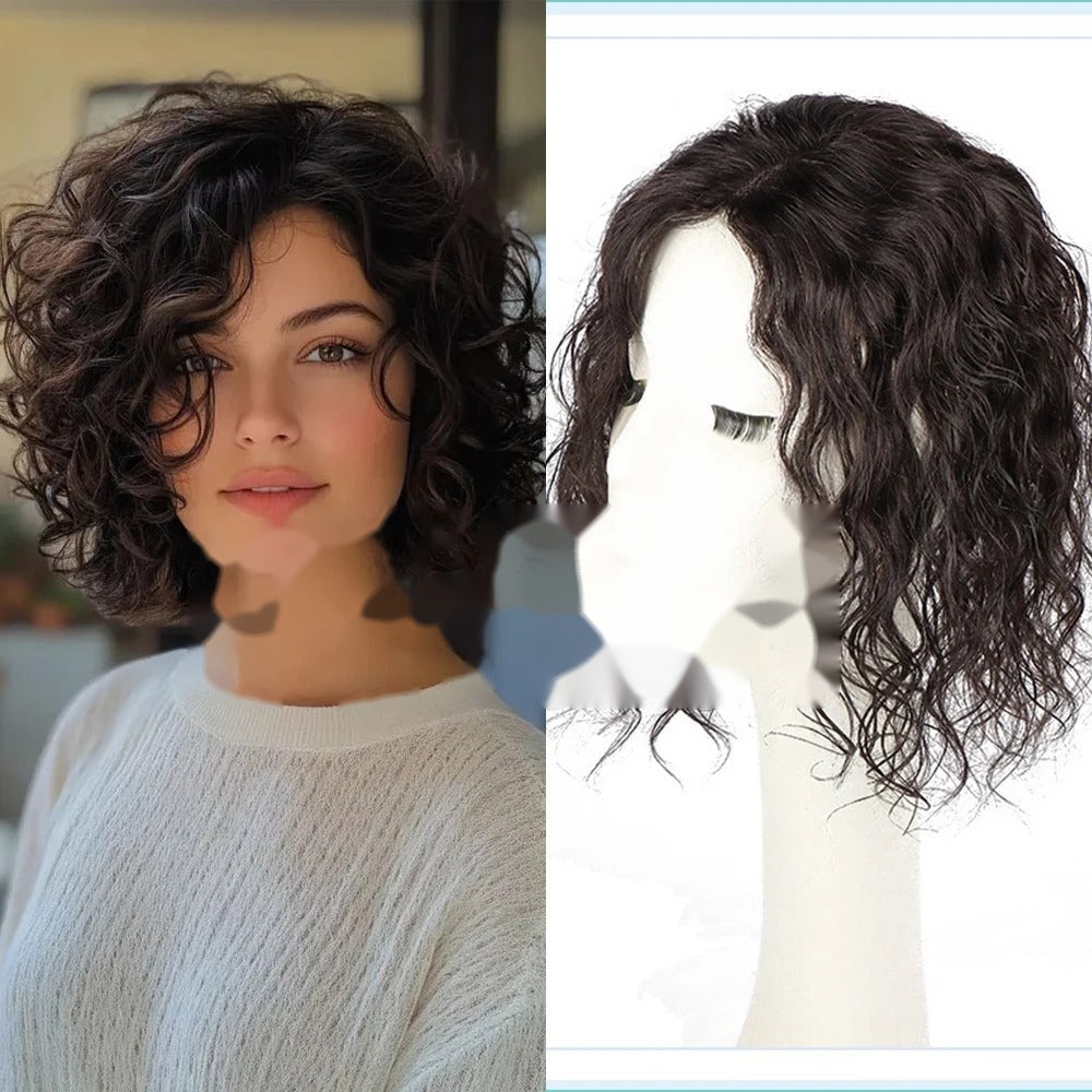 Wavy human hair topper worn by model natural curl | Dream Shop
