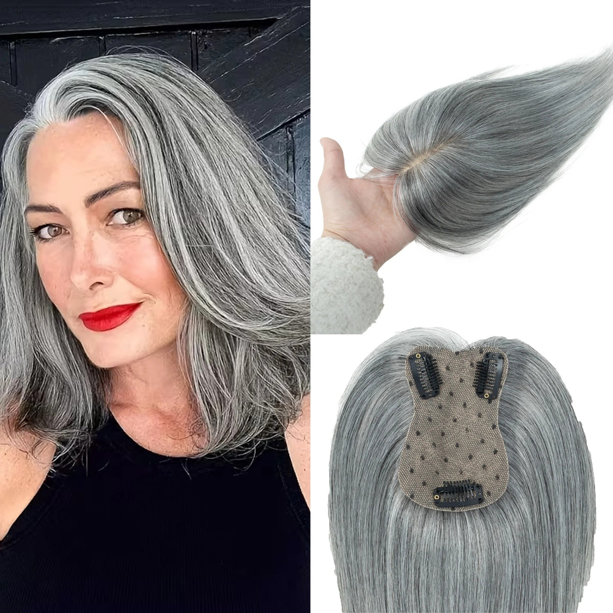 Human hair topper for grey hair steel grey worn | Dream Shop