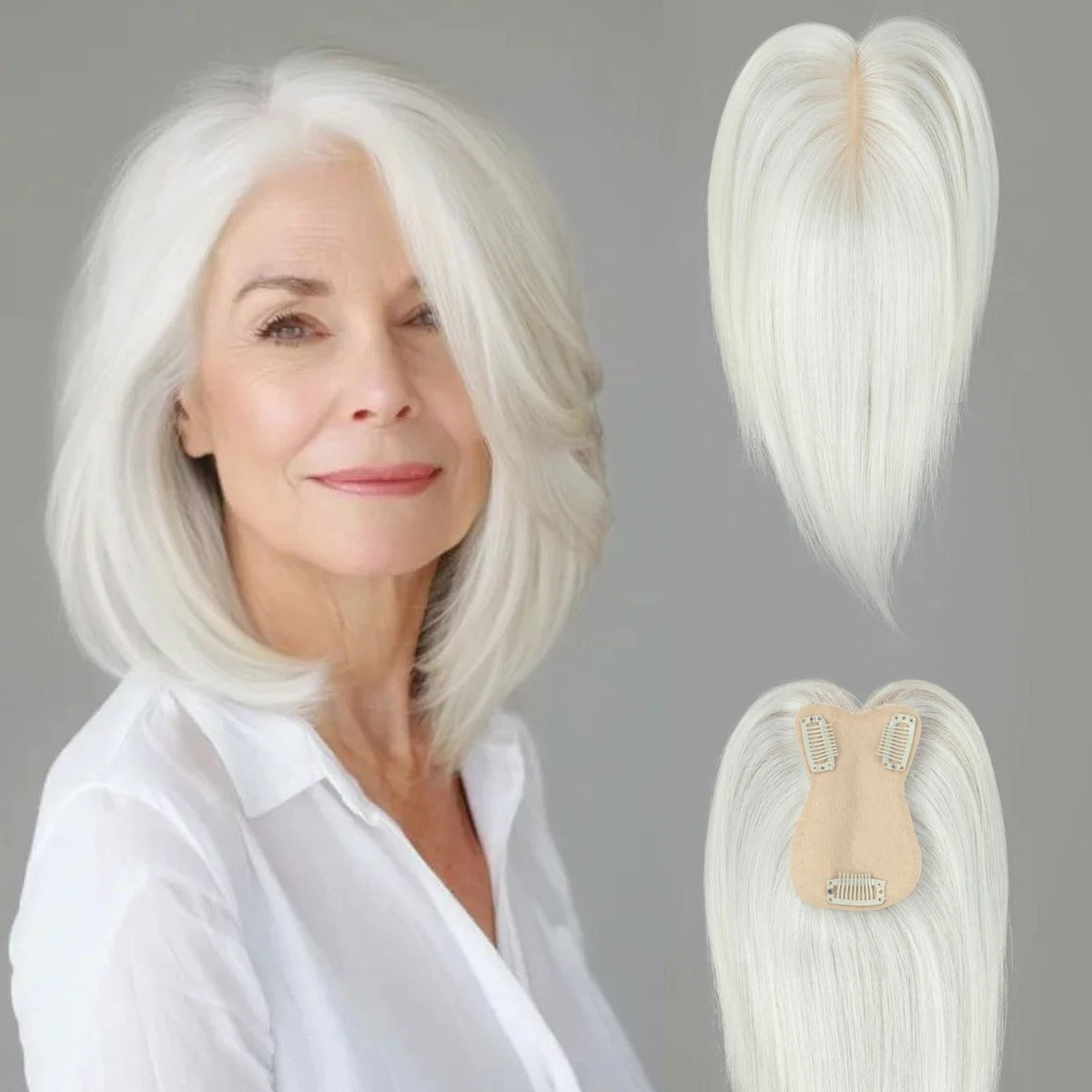 Human hair topper for grey hair platinum white worn | Dream Shop
