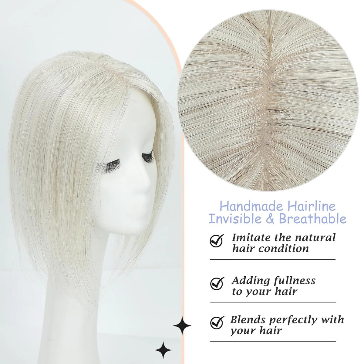 Human hair topper for grey hair platinum white on mannequin | Dream Shop