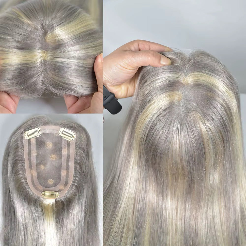 Human hair topper for grey hair blonde highlights and base | Dream Shop