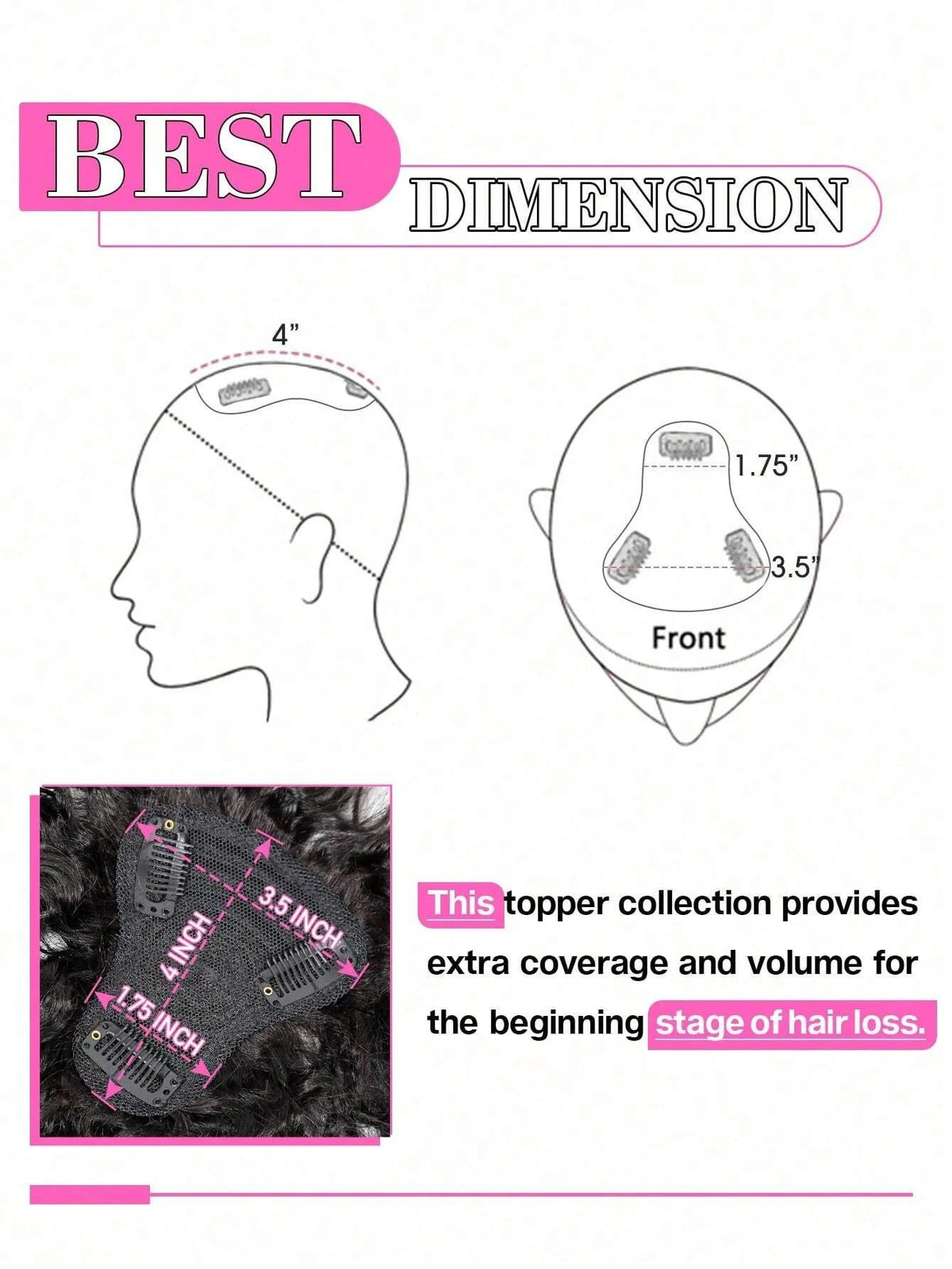 Topper cheveux naturels bouclés dimensions de la base | Dream Shop
