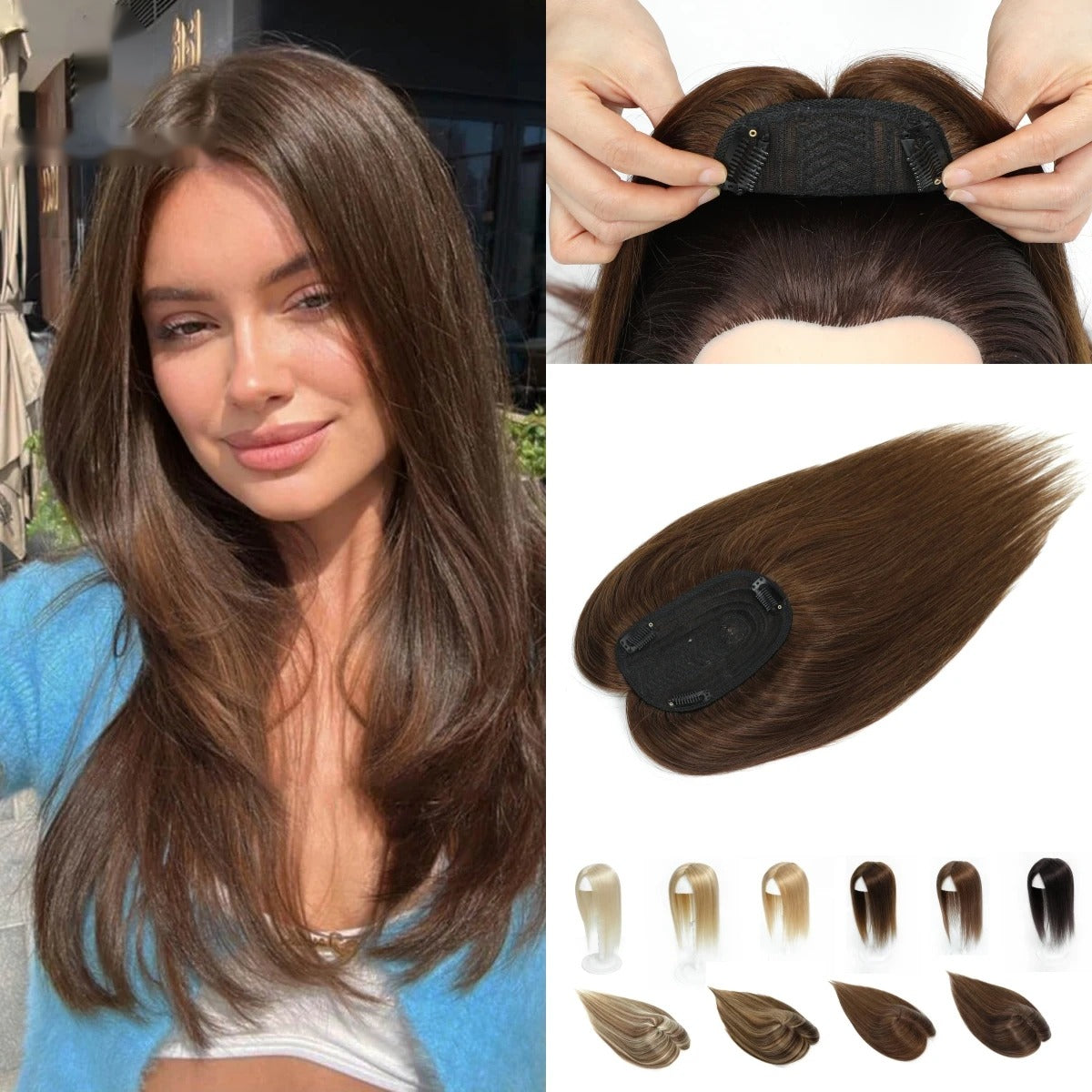 Topper mechas a contraste modelo castaña con topper de raya natural | Dream Shop