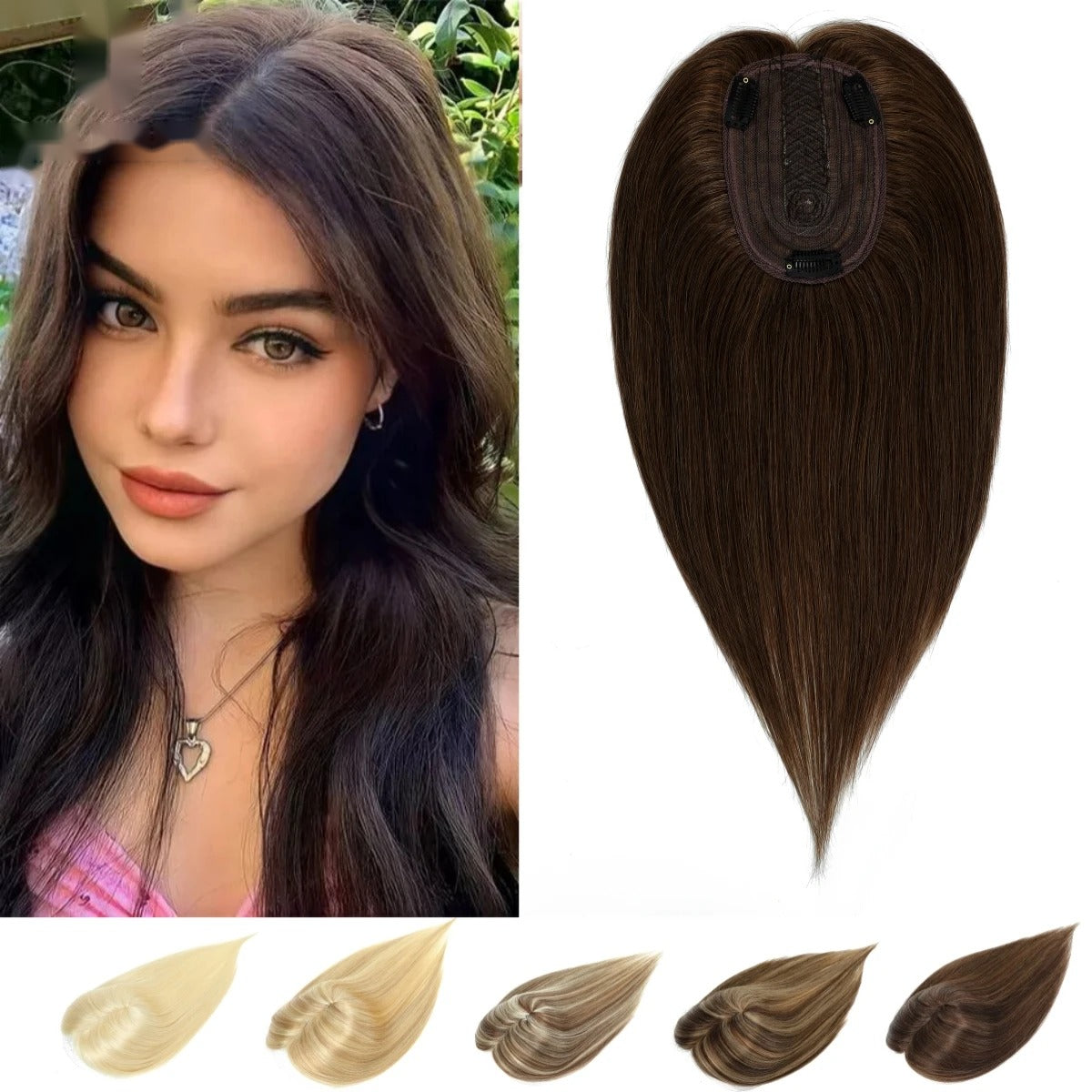 Topper mechas a contraste modelo y topper castaño con base de seda | Dream Shop