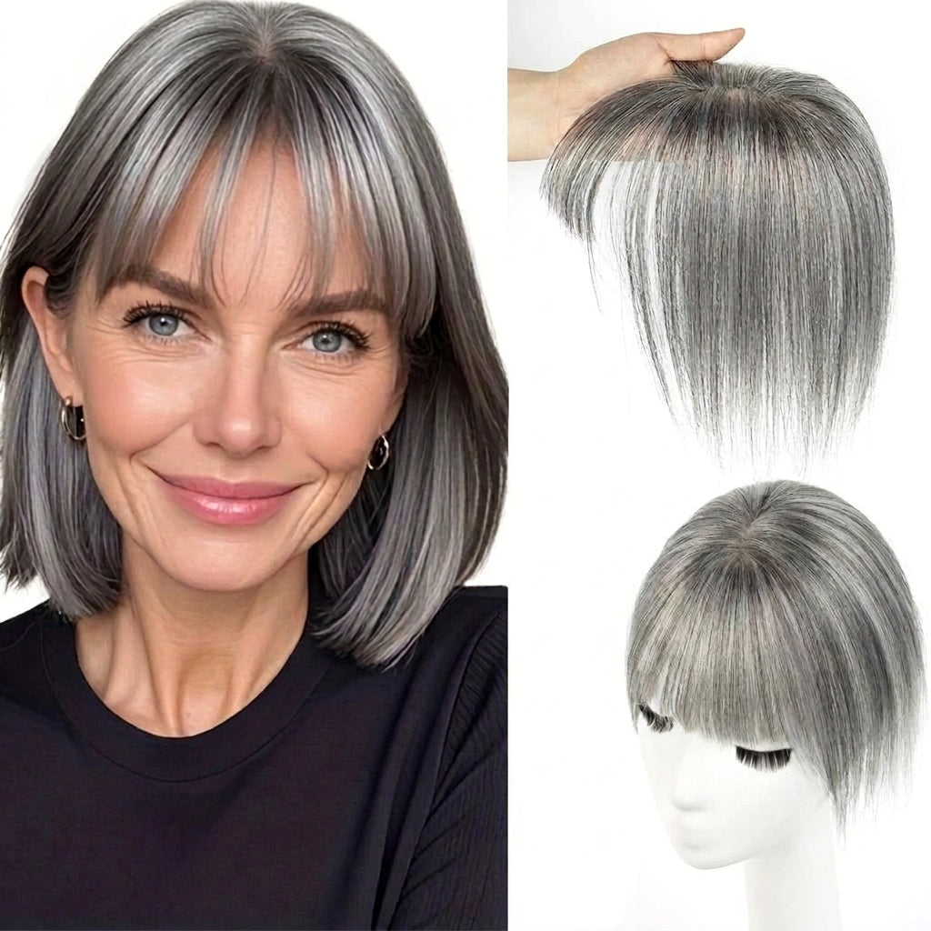 Topper con flequillo cabello natural gris puesto en modelo | Dream Shop