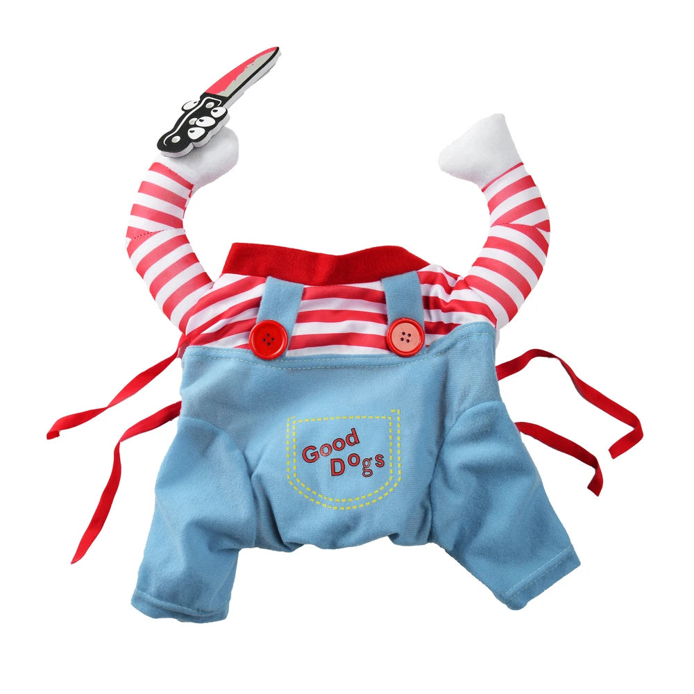 Costume gatto Halloween salopette azzurra e coltello finto vista frontale — Dream Shop