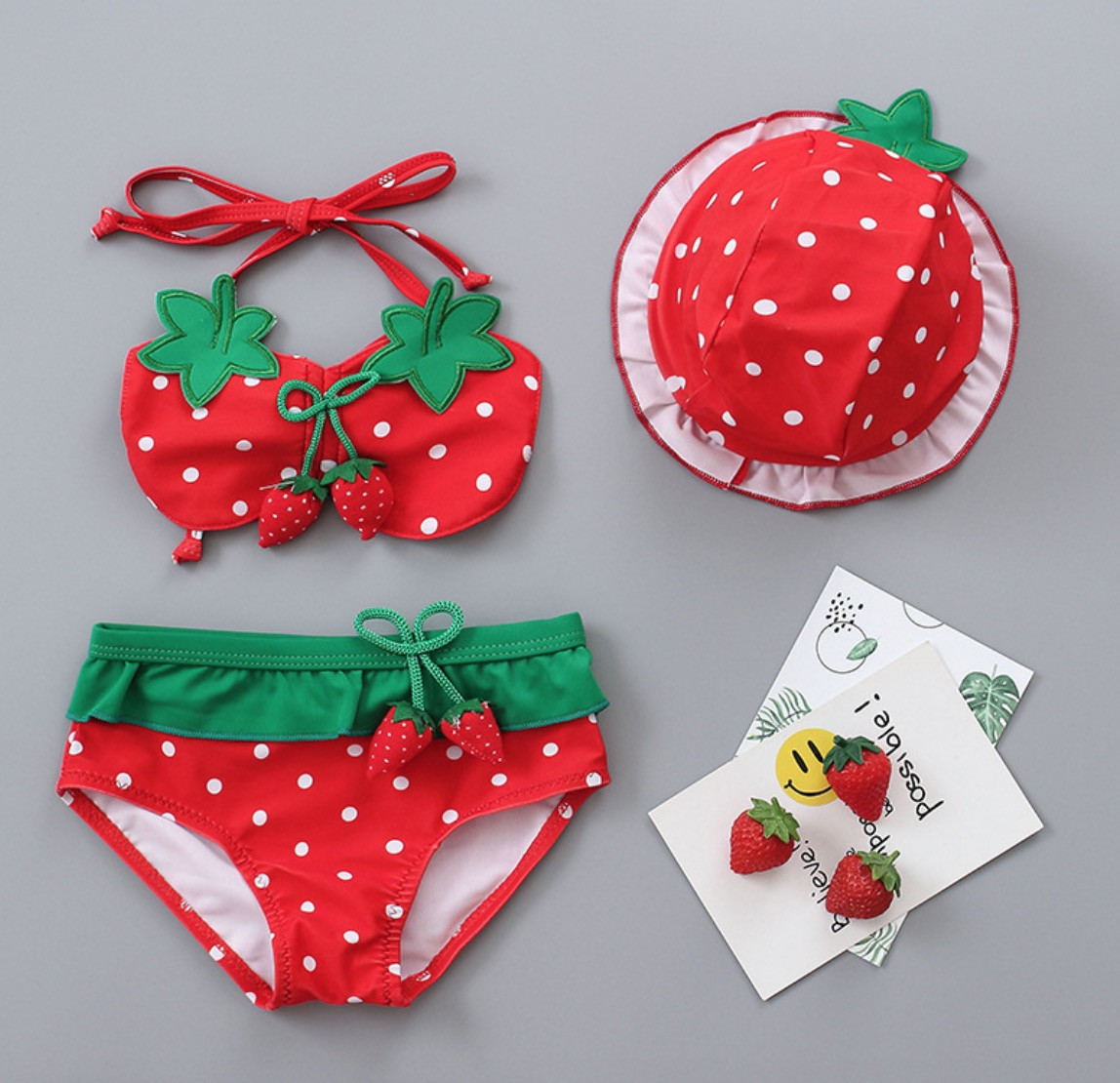 Bambino Bambina 3 Pezzi Costume da Bagno Fragola Bikini Spiaggia Costume