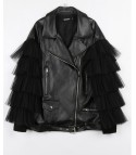 Faux leather flounce-tulle jacket