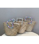 Straw bag with rhinestone handle heart