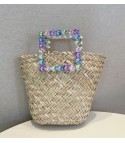 Straw bag with rhinestone handle heart