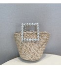 Straw bag with rhinestone handle heart