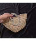 Straw bag with rhinestone handle heart