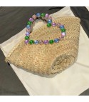 Straw bag with rhinestone handle heart