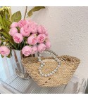 Straw bag with rhinestone handle heart