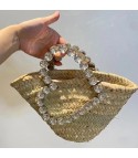 Straw bag with rhinestone handle heart