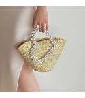 Straw bag with rhinestone handle heart