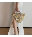 Straw bag with rhinestone handle heart