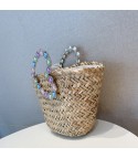 Straw bag with rhinestone handle heart